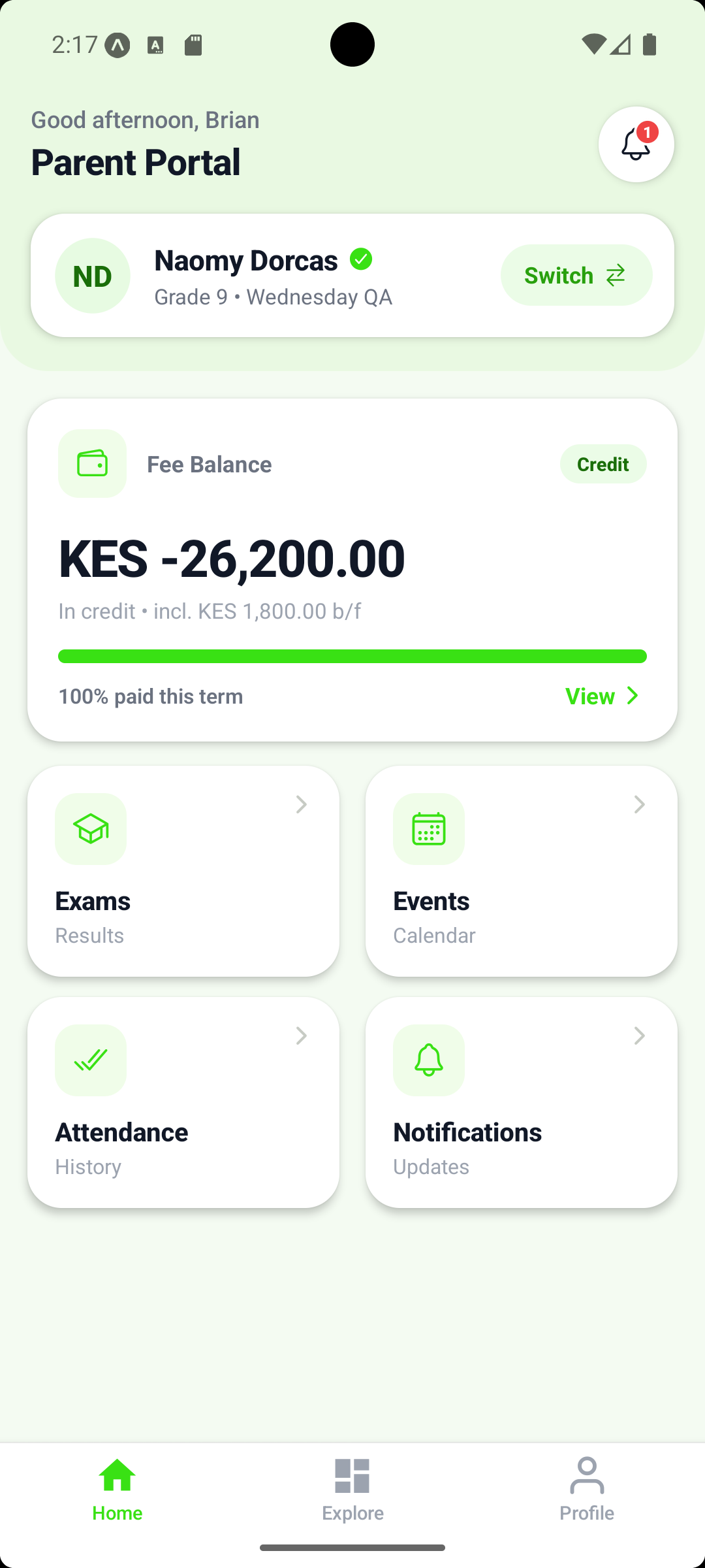 ShuleSmart Parents dashboard