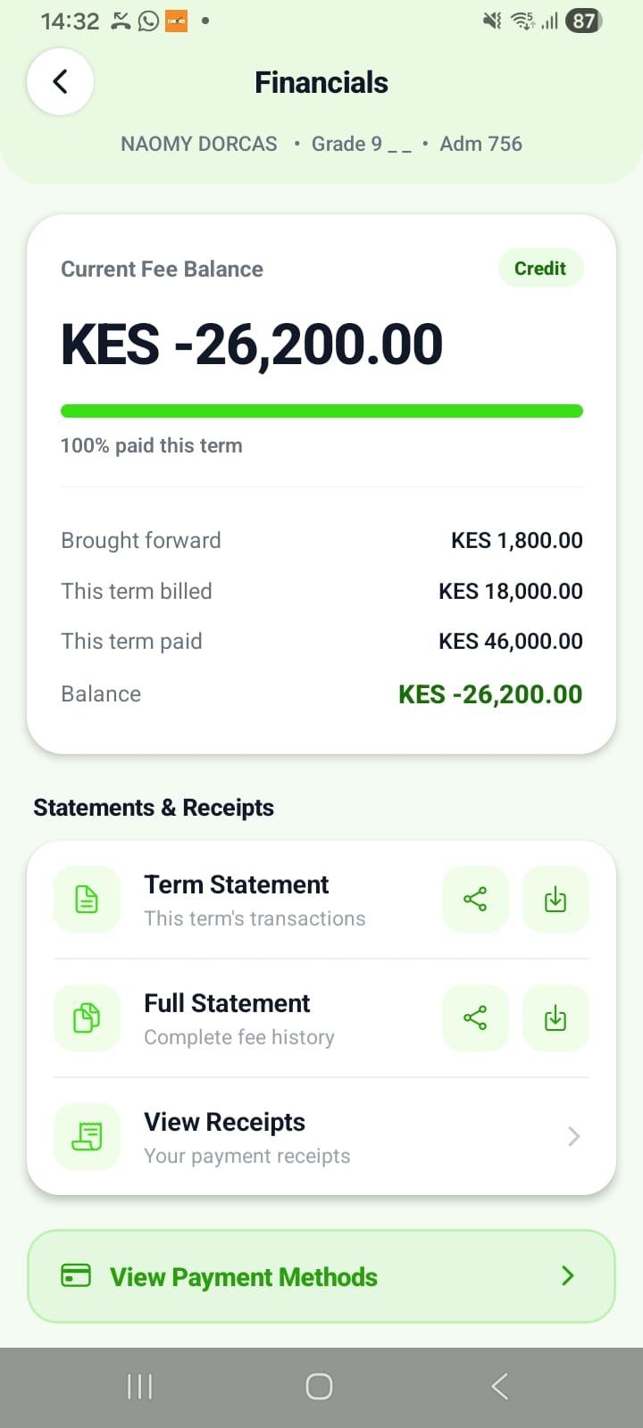 ShuleSmart Parents fee balance and statements