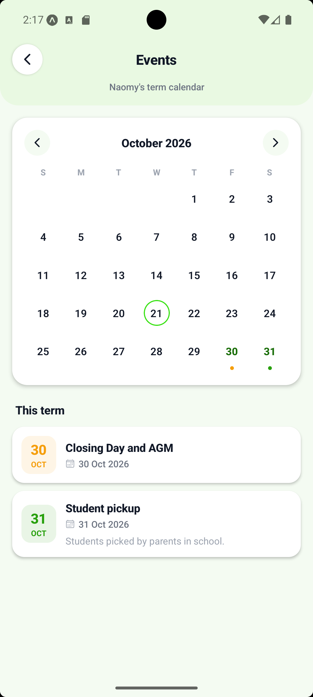 ShuleSmart Parents events calendar